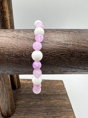 Pink & White Beaded Stretch Bracelet Handcrafted Natural Stone & Acrylic Minimal